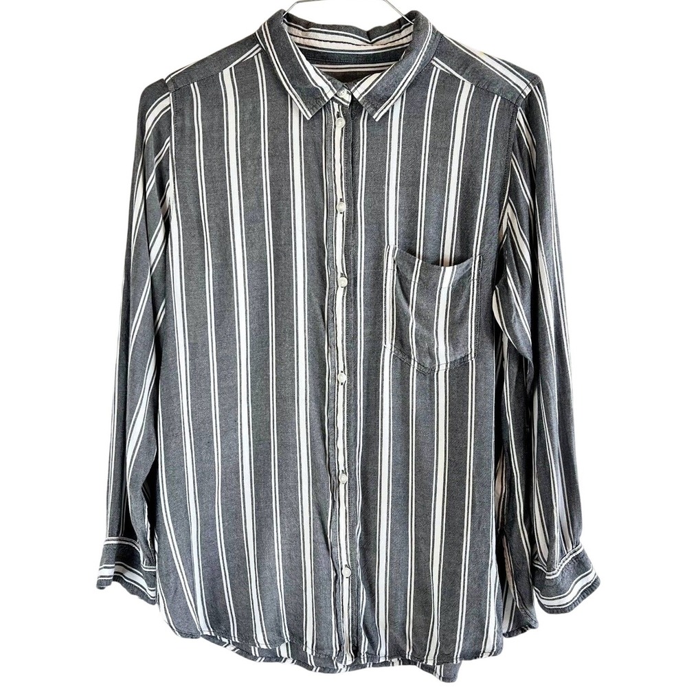 American Eagle Women's Grey White Striped Button Up Oversized Shirt‎ Top M